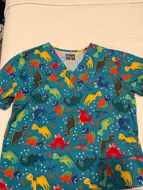 Butter-Soft Teal Dinosaur Print V-Neck Women's Scrub Top